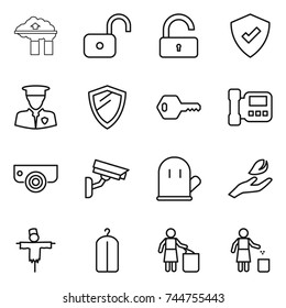 thin line icon set : factory filter, unlock, protected, security man, shield, key, intercome, surveillance camera, cook glove, hand leaf, scarecrow, dry wash, garbage bin