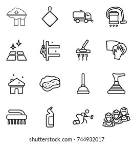 thin line icon set : factory filter, rag, sweeper, vacuum cleaner, clean floor, skyscrapers cleaning, wiping, house, sponge with foam, plunger, brush, toilet cleanser, outsource