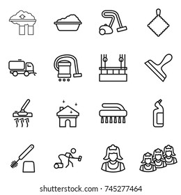 thin line icon set : factory filter, washing, vacuum cleaner, rag, sweeper, skysrcapers cleaning, scraper, house, brush, toilet cleanser, outsource