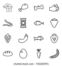 thin line icon set : factory filter, chicken leg, bone, acid, walnut crack, pasta, fish, berry, grape, eggplant, strawberry, bread, egg, carrot, peas