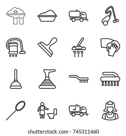 thin line icon set : factory filter, washing, sweeper, vacuum cleaner, scraper, wiping, plunger, brush, duster, toilet cleaning, home call