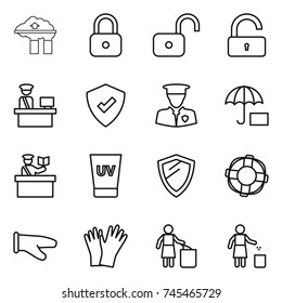 thin line icon set : factory filter, lock, unlock, customs control, protected, security man, insurance, inspector, uv cream, shield, lifebuoy, cook glove, gloves, garbage bin