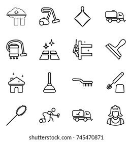 thin line icon set : factory filter, vacuum cleaner, rag, sweeper, clean floor, skyscrapers cleaning, scraper, house, plunger, brush, toilet, duster, home call