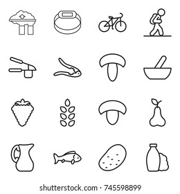thin line icon set : factory filter, smart bracelet, bike, tourist, garlic clasp, walnut crack, mushroom, mortar, berry, spikelets, pear, jug, fish, potato, shampoo