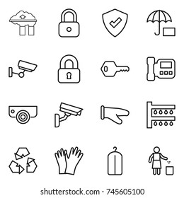 thin line icon set : factory filter, lock, protected, insurance, surveillance, locked, key, intercome, camera, cook glove, watering, recycling, gloves, dry wash, garbage bin