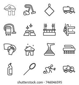 thin line icon set : factory filter, vacuum cleaner, rag, sweeper, clean floor, skysrcapers cleaning, skyscrapers, wiping, house, plunger, brush, toilet cleanser, duster, home call
