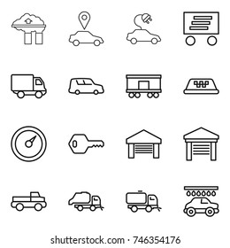 thin line icon set : factory filter, car pointer, electric, delivery, shipping, railroad, taxi, barometer, key, garage, pickup, trash truck, sweeper, wash