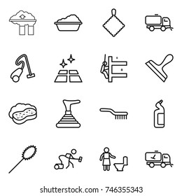 thin line icon set : factory filter, washing, rag, sweeper, vacuum cleaner, clean floor, skyscrapers cleaning, scraper, sponge with foam, plunger, brush, toilet cleanser, duster, home call