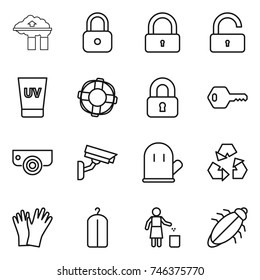 thin line icon set : factory filter, lock, unlock, uv cream, lifebuoy, locked, key, surveillance camera, cook glove, recycling, gloves, dry wash, garbage bin, bug