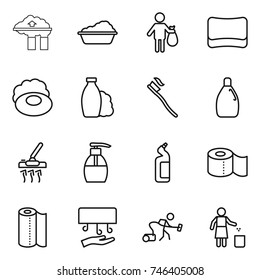 thin line icon set : factory filter, washing, trash, sponge, soap, shampoo, tooth brush, cleanser, vacuum cleaner, liquid, toilet, paper, towel, hand dryer, garbage bin