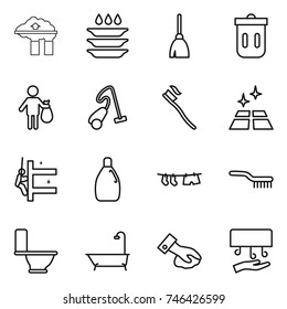 thin line icon set : factory filter, plate washing, broom, trash bin, vacuum cleaner, tooth brush, clean floor, skyscrapers cleaning, cleanser, drying clothe, toilet, bath, wiping, hand dryer