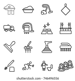 thin line icon set : factory filter, washing, vacuum cleaner, rag, sweeper, clean floor, skysrcapers cleaning, scraper, plunger, brush, toilet, outsource