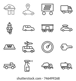 thin line icon set : factory filter, car pointer, delivery, spark plug, shipping, railroad, baggage, taxi, transfer, barometer, key, pickup, sprayer, trash truck, sweeper