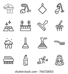 thin line icon set : factory filter, vacuum cleaner, rag, clean floor, skysrcapers cleaning, scraper, house, plunger, brush, toilet cleanser
