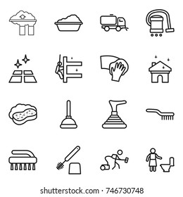 thin line icon set : factory filter, washing, sweeper, vacuum cleaner, clean floor, skyscrapers cleaning, wiping, house, sponge with foam, plunger, brush, toilet