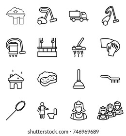 thin line icon set : factory filter, vacuum cleaner, sweeper, skysrcapers cleaning, wiping, house, sponge with foam, plunger, brush, duster, toilet, outsource