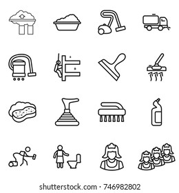 thin line icon set : factory filter, washing, vacuum cleaner, sweeper, skyscrapers cleaning, scraper, sponge with foam, plunger, brush, toilet cleanser, outsource