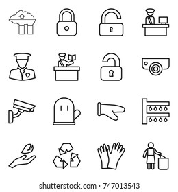thin line icon set : factory filter, lock, unlock, customs control, security man, inspector, unlocked, surveillance camera, cook glove, watering, hand leaf, recycling, gloves, garbage bin