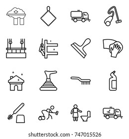 thin line icon set : factory filter, rag, sweeper, vacuum cleaner, skysrcapers cleaning, skyscrapers, scraper, wiping, house, plunger, brush, toilet cleanser, home call