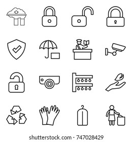thin line icon set : factory filter, lock, unlock, protected, insurance, inspector, surveillance, unlocked, camera, watering, hand leaf, recycling, gloves, dry wash, garbage bin