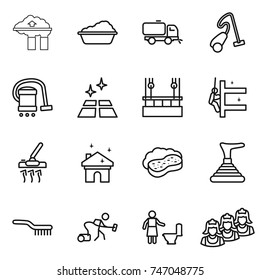 thin line icon set : factory filter, washing, sweeper, vacuum cleaner, clean floor, skysrcapers cleaning, skyscrapers, house, sponge with foam, plunger, brush, toilet, outsource