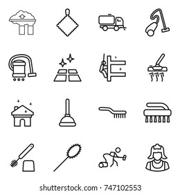 thin line icon set : factory filter, rag, sweeper, vacuum cleaner, clean floor, skyscrapers cleaning, house, plunger, brush, toilet, duster