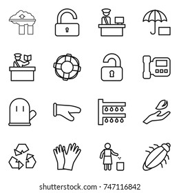 thin line icon set : factory filter, unlock, customs control, insurance, inspector, lifebuoy, unlocked, intercome, cook glove, watering, hand leaf, recycling, gloves, garbage bin, bug