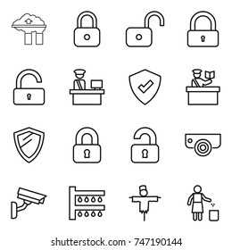 thin line icon set : factory filter, lock, unlock, customs control, protected, inspector, shield, locked, unlocked, surveillance camera, watering, scarecrow, garbage bin