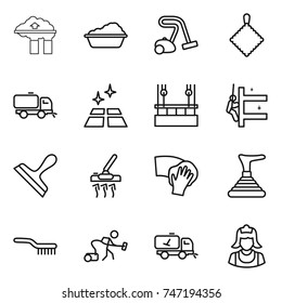 thin line icon set : factory filter, washing, vacuum cleaner, rag, sweeper, clean floor, skysrcapers cleaning, skyscrapers, scraper, wiping, plunger, brush, home call