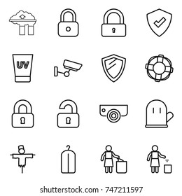 thin line icon set : factory filter, lock, protected, uv cream, surveillance, shield, lifebuoy, locked, unlocked, camera, cook glove, scarecrow, dry wash, garbage bin