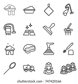 thin line icon set : factory filter, washing, rag, vacuum cleaner, clean floor, scraper, house cleaning, sponge with foam, plunger, toilet brush, duster, home call, outsource