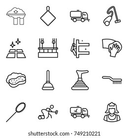 thin line icon set : factory filter, rag, sweeper, vacuum cleaner, clean floor, skysrcapers cleaning, skyscrapers, wiping, sponge with foam, plunger, brush, duster, home call