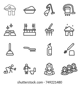 thin line icon set : factory filter, washing, vacuum cleaner, clean floor, skysrcapers cleaning, house, plunger, brush, toilet cleanser, outsource