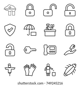 thin line icon set : factory filter, lock, unlock, protected, insurance, inspector, locked, unlocked, key, intercome, hand leaf, scarecrow, gloves, garbage bin, bug
