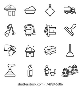 thin line icon set : factory filter, washing, rag, sweeper, vacuum cleaner, skyscrapers cleaning, scraper, wiping, house, sponge with foam, plunger, toilet cleanser, outsource