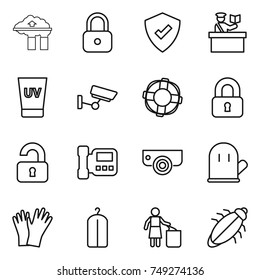thin line icon set : factory filter, lock, protected, inspector, uv cream, surveillance, lifebuoy, locked, unlocked, intercome, camera, cook glove, gloves, dry wash, garbage bin, bug
