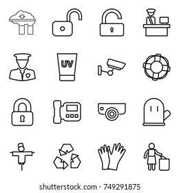thin line icon set : factory filter, unlock, customs control, security man, uv cream, surveillance, lifebuoy, locked, intercome, camera, cook glove, scarecrow, recycling, gloves, garbage bin