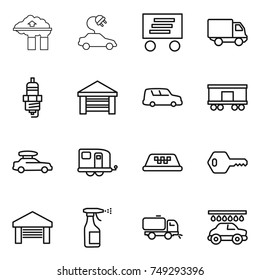 thin line icon set : factory filter, electric car, delivery, spark plug, garage, shipping, railroad, baggage, trailer, taxi, key, sprayer, sweeper, wash