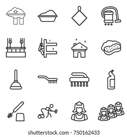 thin line icon set : factory filter, washing, rag, vacuum cleaner, skysrcapers cleaning, skyscrapers, house, sponge with foam, plunger, brush, toilet cleanser, outsource
