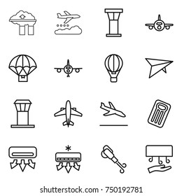 thin line icon set : factory filter, weather management, airport tower, plane, parachute delivery, air ballon, deltaplane, airplane, arrival, inflatable mattress, conditioning, blower, hand dryer