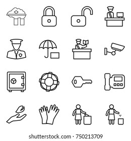 thin line icon set : factory filter, lock, unlock, customs control, security man, insurance, inspector, surveillance, safe, lifebuoy, key, intercom, hand leaf, gloves, garbage bin