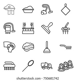 thin line icon set : factory filter, washing, vacuum cleaner, rag, skysrcapers cleaning, scraper, wiping, sponge with foam, plunger, brush, duster, home call, outsource