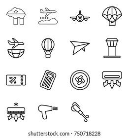 thin line icon set : factory filter, weather management, plane, parachute delivery, shipping, air ballon, deltaplane, airport tower, ticket, inflatable mattress, cooler fan, conditioning, hair dryer