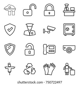 thin line icon set : factory filter, unlock, lock, customs control, protected, security man, surveillance, safe, shield, unlocked, intercome, camera, scarecrow, recycling, gloves, garbage bin