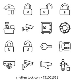 thin line icon set : factory filter, lock, unlock, customs control, surveillance, safe, lifebuoy, locked, unlocked, key, intercome, camera, cook glove, garbage bin