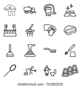 thin line icon set : factory filter, sweeper, vacuum cleaner, clean floor, skysrcapers cleaning, wiping, sponge with foam, plunger, brush, toilet, duster, outsource