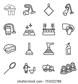 thin line icon set : factory filter, vacuum cleaner, rag, clean floor, skysrcapers cleaning, wiping, sponge with foam, plunger, toilet cleanser, duster, home call, outsource