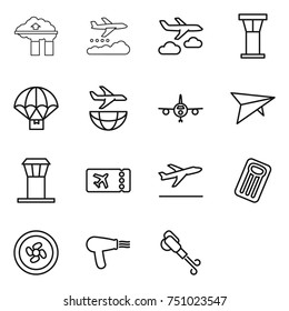 thin line icon set : factory filter, weather management, journey, airport tower, parachute delivery, plane shipping, deltaplane, ticket, departure, inflatable mattress, cooler fan, hair dryer