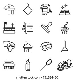 thin line icon set : factory filter, rag, vacuum cleaner, clean floor, skysrcapers cleaning, skyscrapers, scraper, wiping, house, sponge with foam, plunger, brush, toilet cleanser, duster, outsource