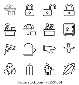 thin line icon set : factory filter, lock, unlock, customs control, insurance, inspector, safe, surveillance camera, cook glove, scarecrow, recycling, dry wash, garbage bin, bug